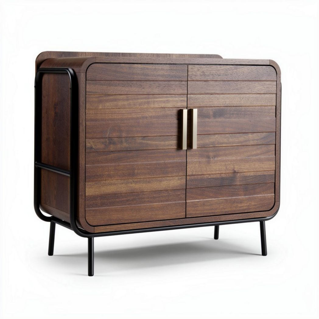 Meuble de rangement en bois noyer avec portes et structure en métal 80 x 40 x 70cm
