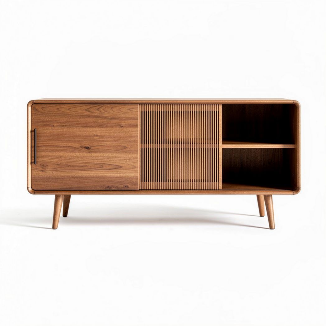 Meuble TV en bois avec porte à lamelles et étagères 150 x 40 x 60cm