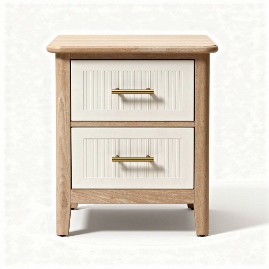 Table de chevet en bois clair avec deux tiroirs et finition blanche 45 x 40 x 60cm