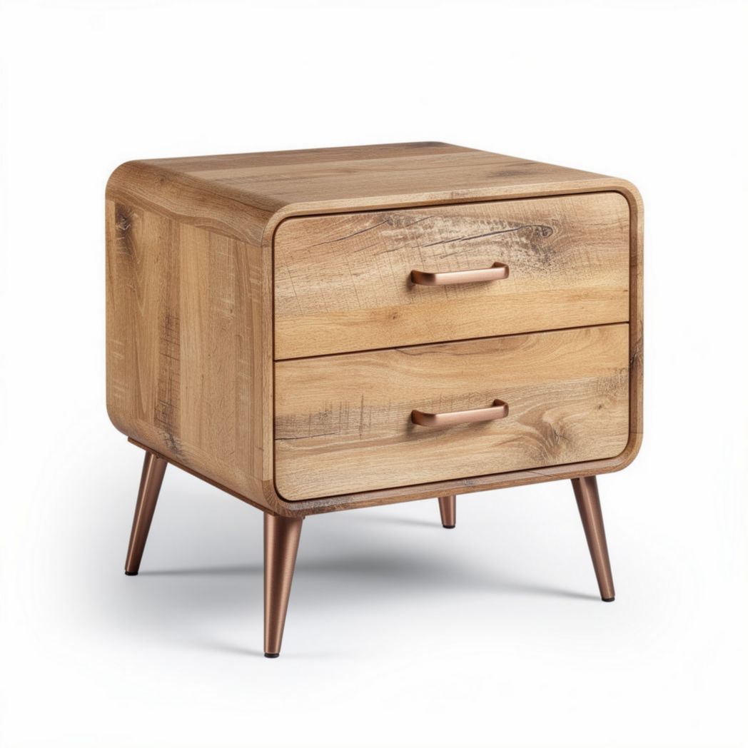Table de chevet en bois avec deux tiroirs et pieds en métal 50 x 40 x 45cm