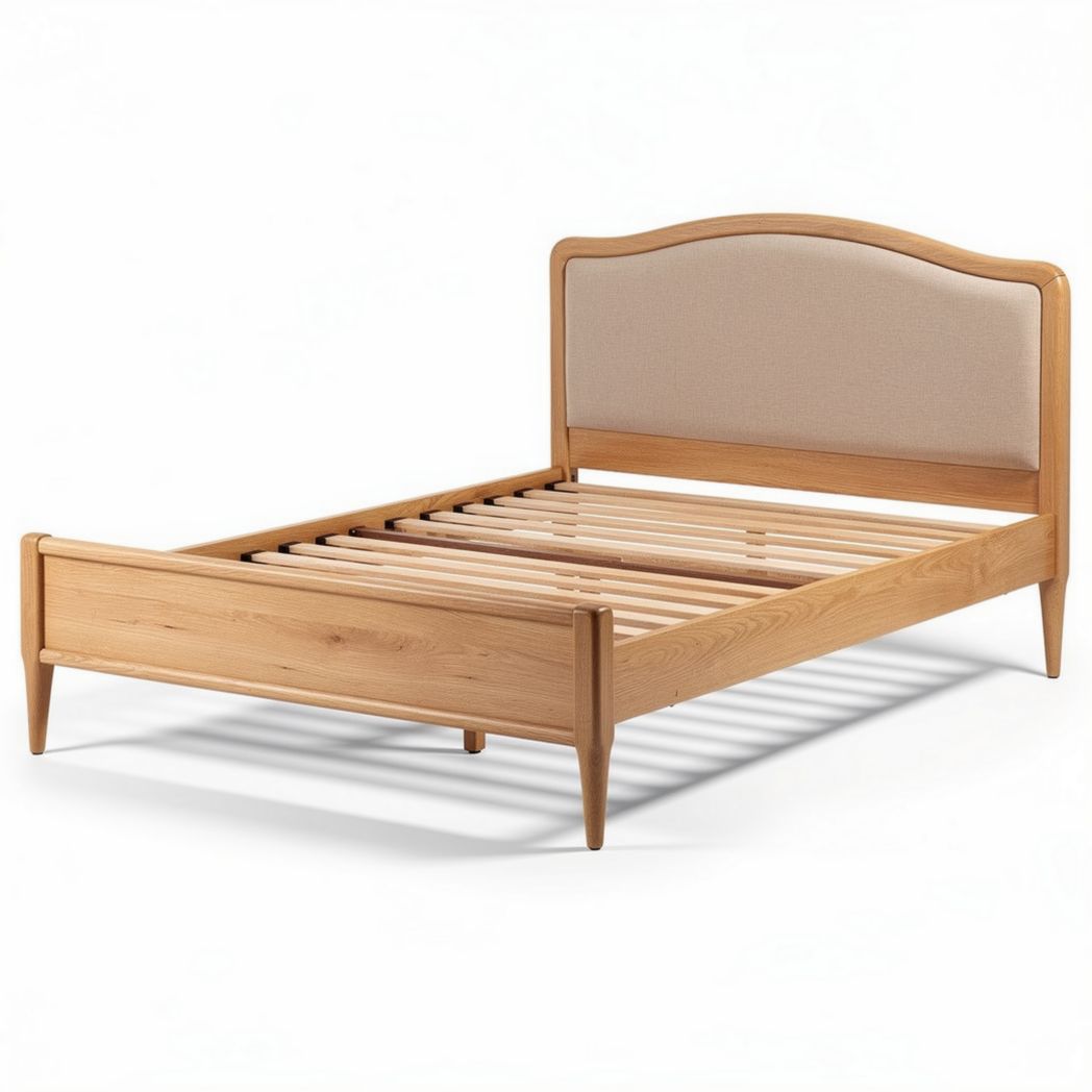 Lit en bois de hêtre avec tête de lit en tissu beige dimensions 200 x 150 x 100cm