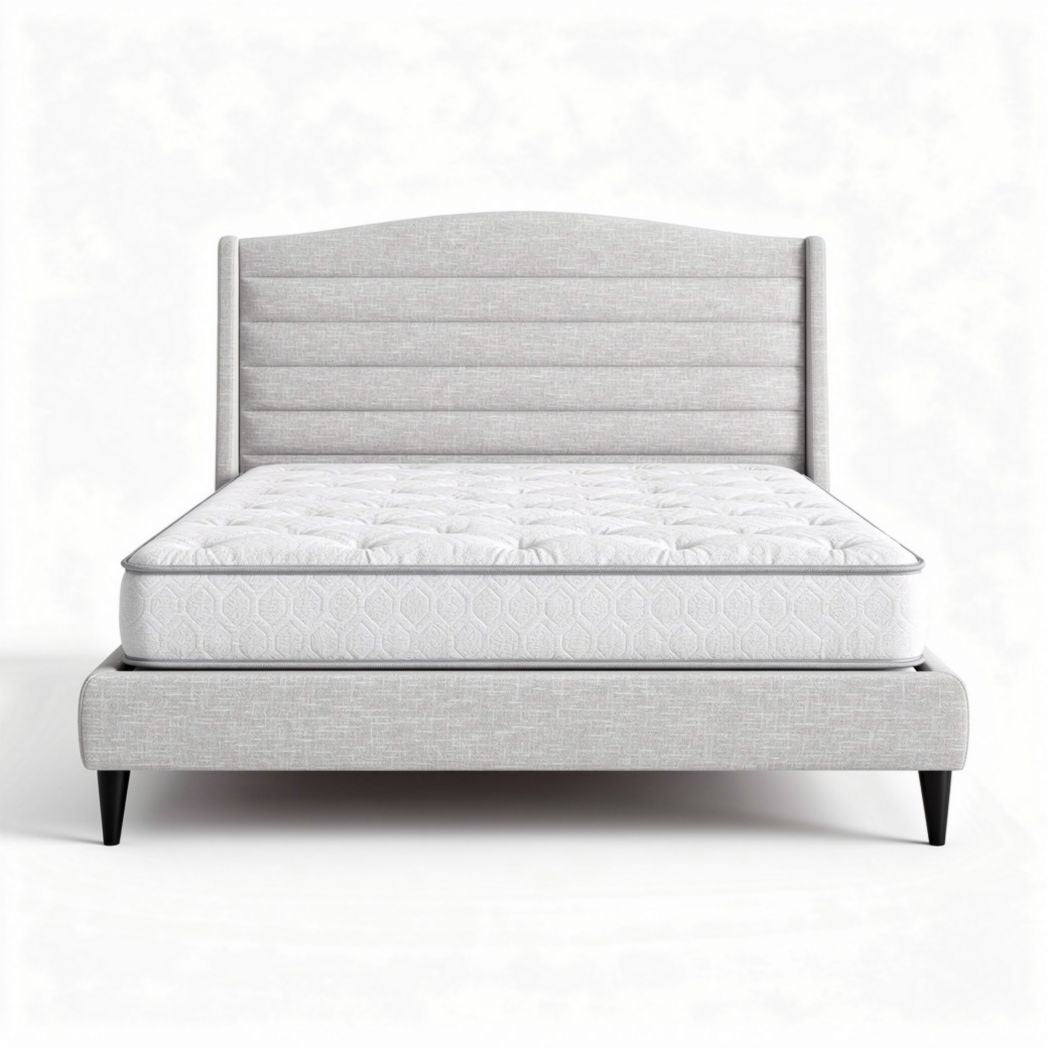 Lit king size en tissu beige avec tête de lit rembourrée 200 x 160 x 100cm