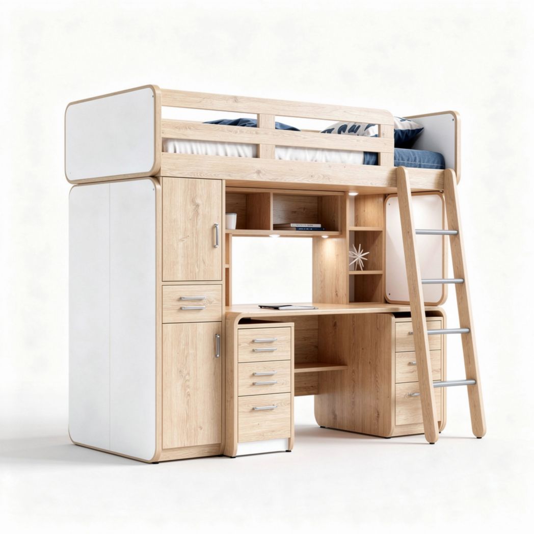 Lit mezzanine avec bureau intégré en bois naturel 180 x 90 x 200 cm